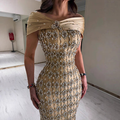 Luxury Gold Arabic Ruffles Evening Dress LA73362