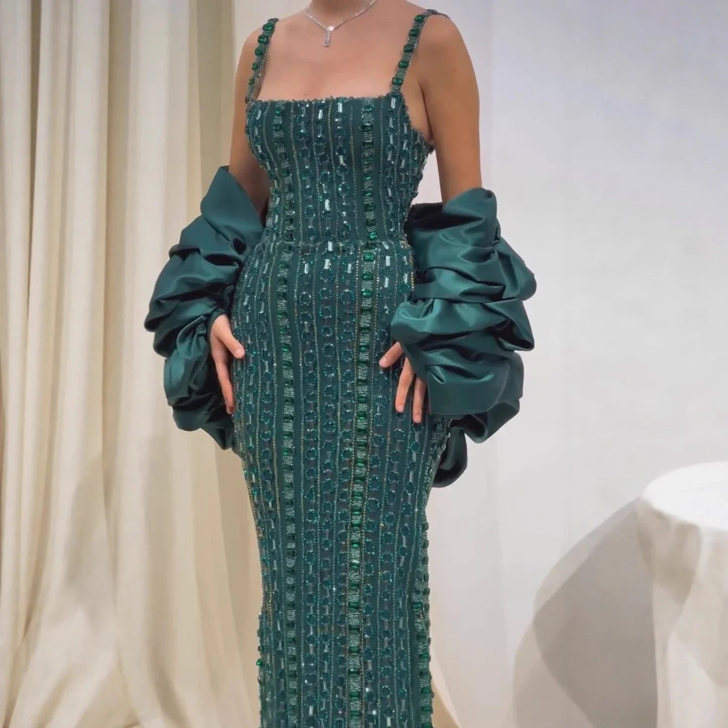 Luxury Kosovo Green Square Beaded Evening Dress with Cape LA73355