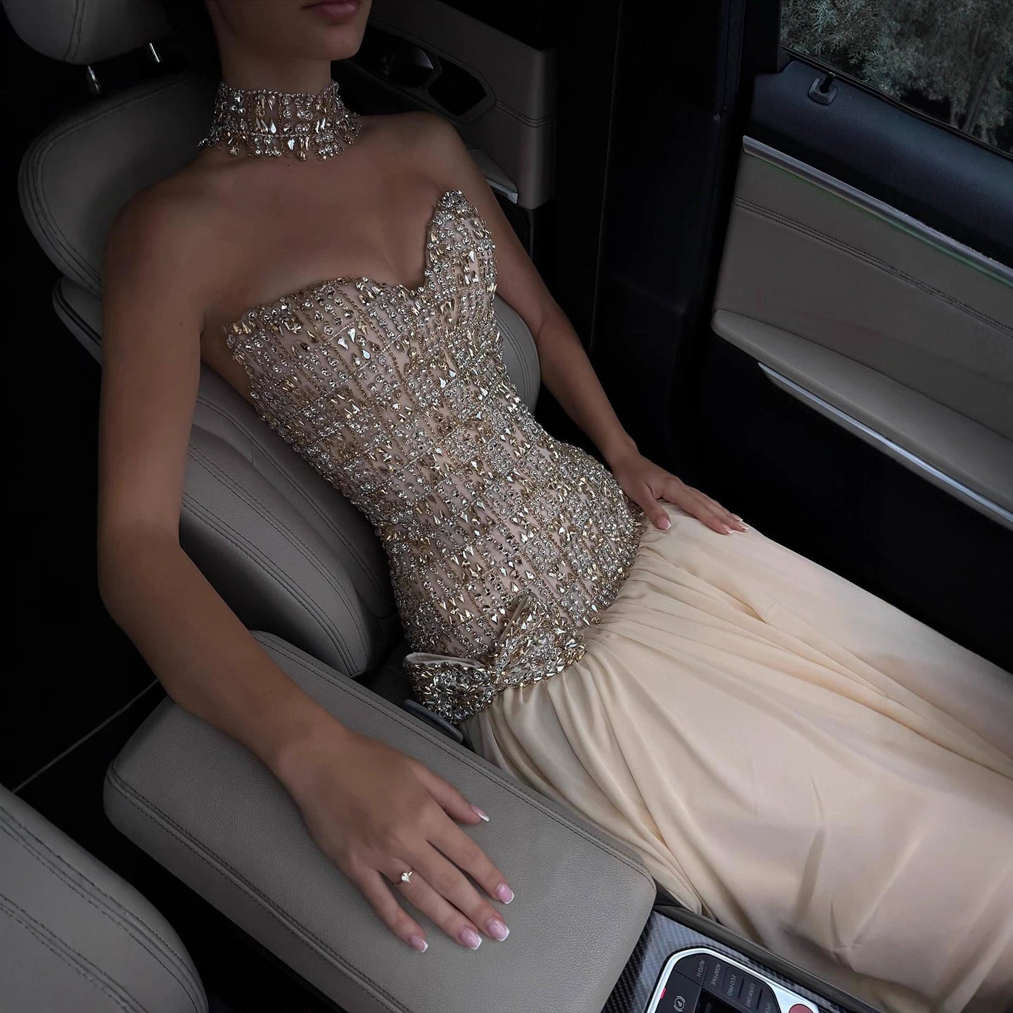 Luxury Champagne A-Line Crystal Beaded Evening Dress LA73361