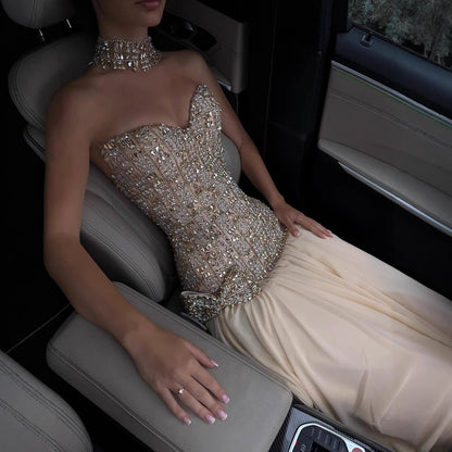 Luxury Champagne A-Line Crystal Beaded Evening Dress LA73361