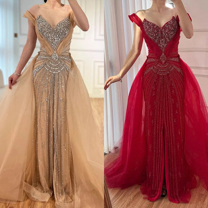 Luxury Nude Beaded Mermaid Evening Dress with Overskirt and Slit LA73034