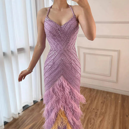 Lilac Feather Halter Mermaid Luxury Dubai Evening Dress LA72056
