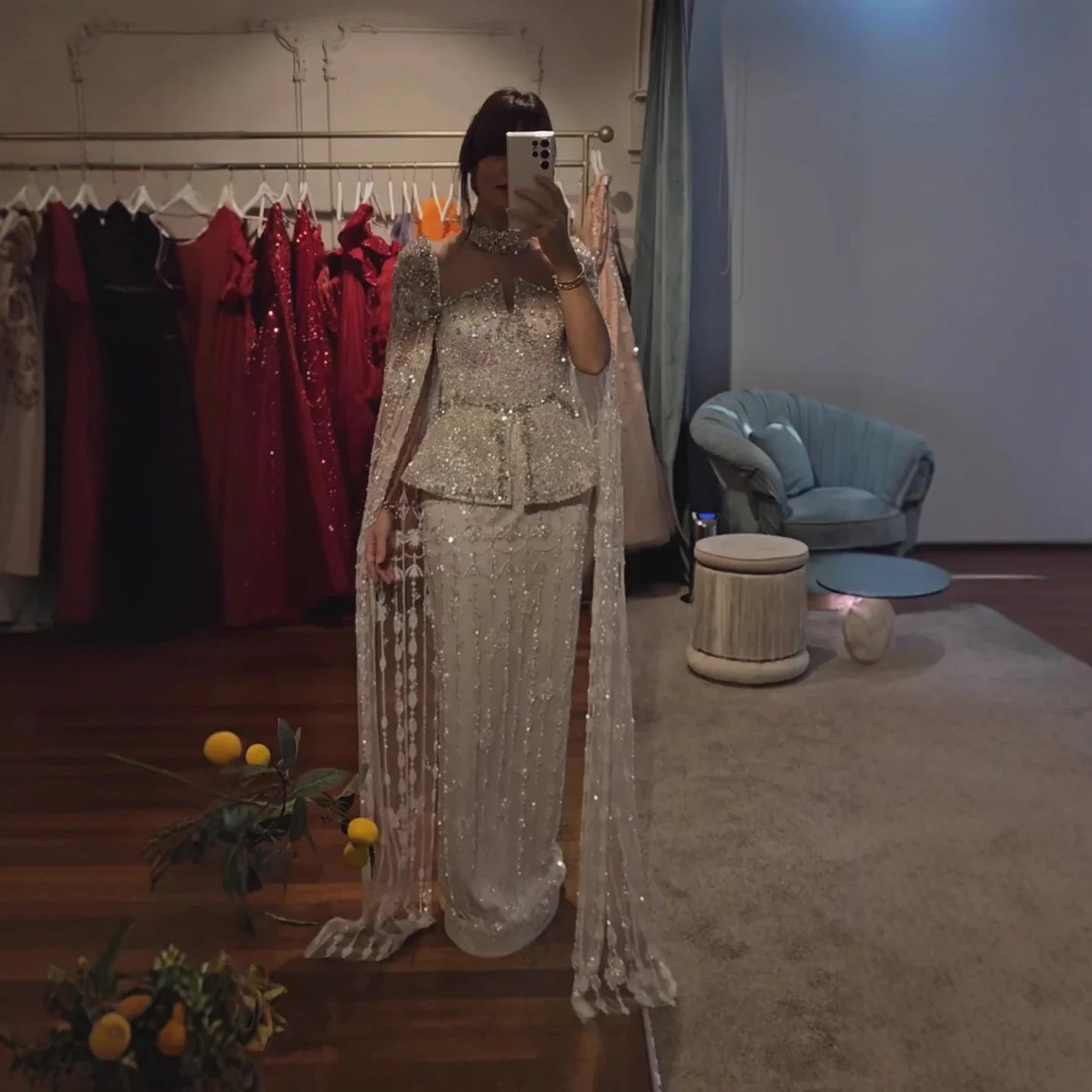 Luxury Silver Dubai Crystal Beaded Evening Dress with Cape LA73274