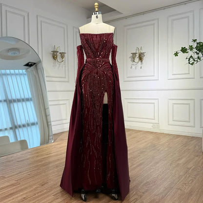 Luxury Wine Red Beaded Evening Dress Gown with Gloves and Overskirt LA72935