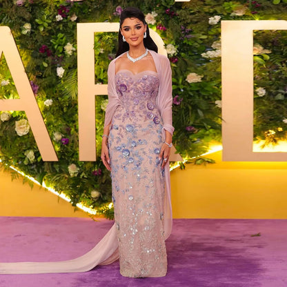 Luxury Lilac 3D Flower Evening Dress with Cape LA73345