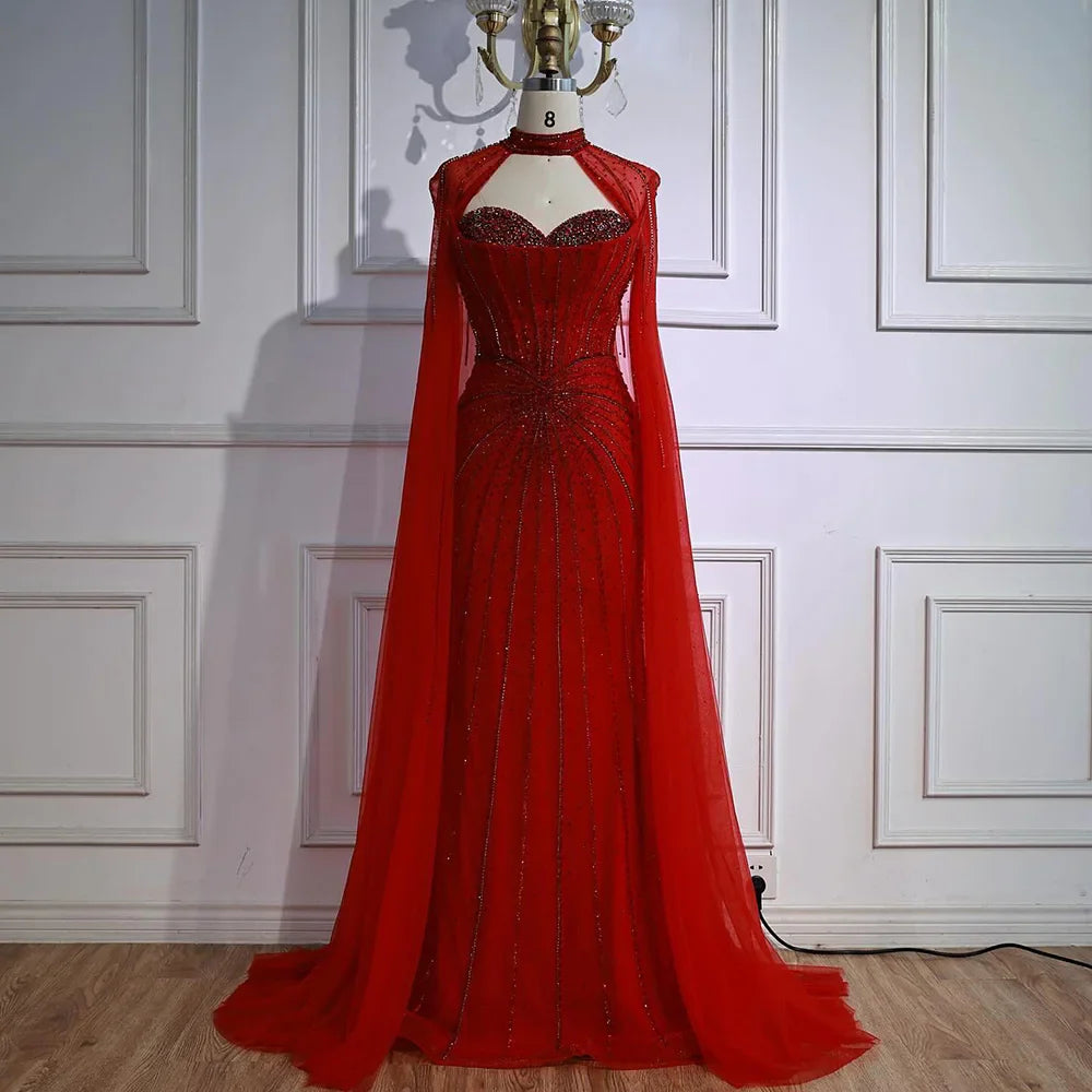 Nude Luxury Beaded Mermaid Evening Gown with Cape Sleeves LA72811A
