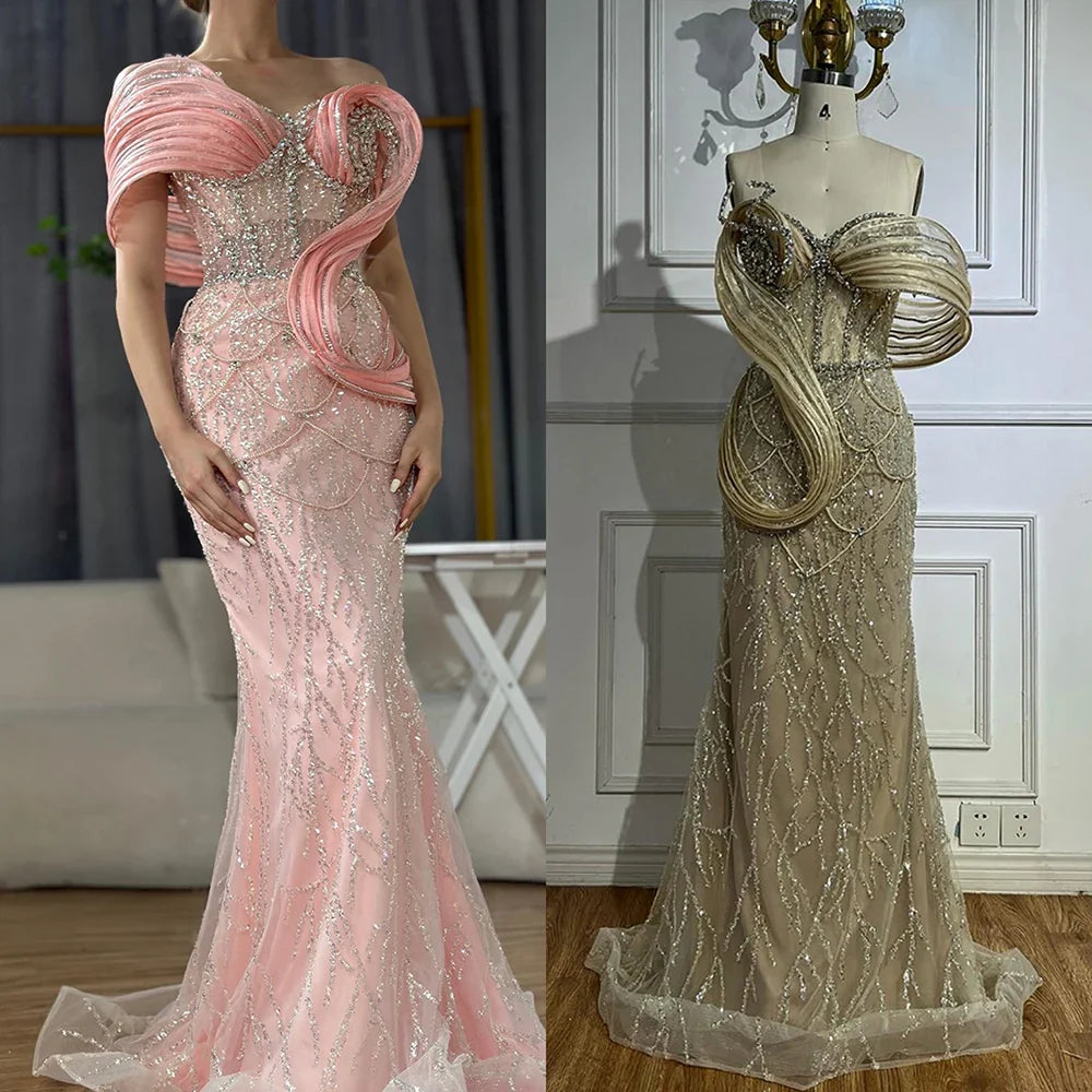 Pink One-Shoulder Luxury Beaded Cut Out Mermaid Evening Dress LA72455