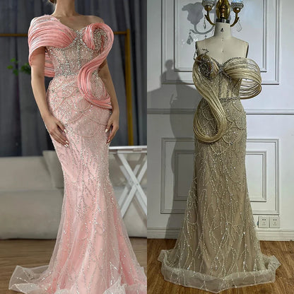 Pink One-Shoulder Luxury Beaded Cut Out Mermaid Evening Dress LA72455