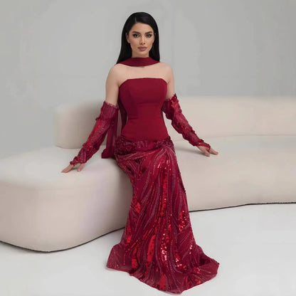 Luxuriöses weinrotes Meerjungfrauen-Abendkleid mit Handschuhen LA73050E