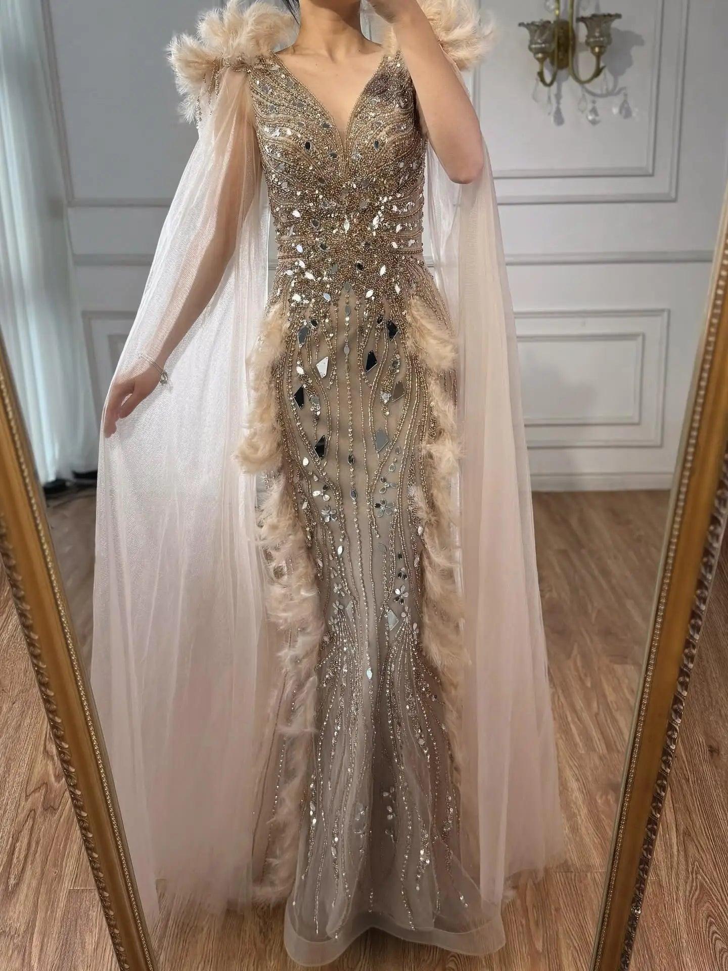 Luxury Caramel Feather Mirror Beaded Mermaid Evening Dress With Cape LA73328