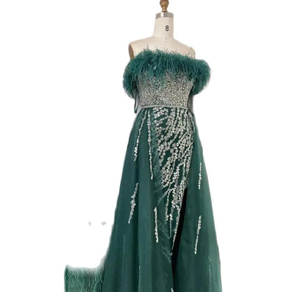 Blue Diamond Feather Mermaid Evening Dress With Overskirt LA72061