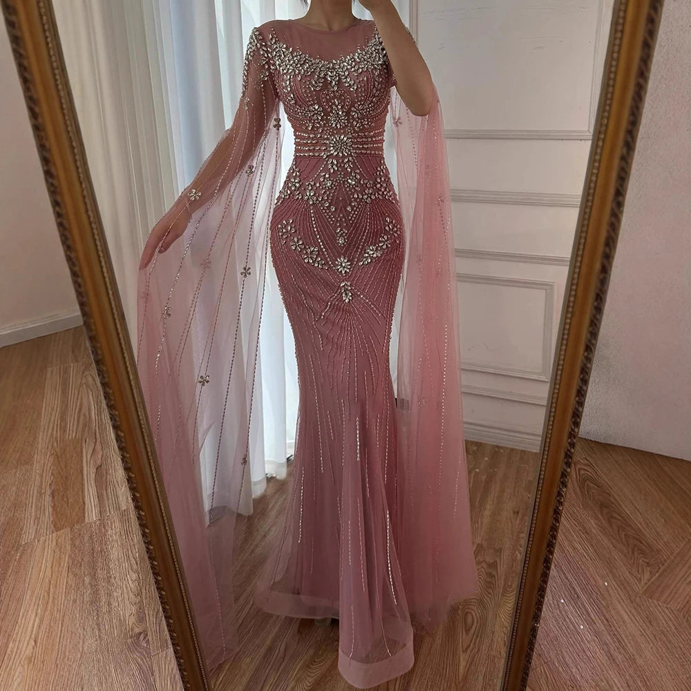 Luxury Pink Saudi Arabic Crystal Beaded Mermaid Evening Dress with Cape Sleeves LA73137