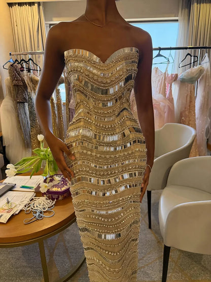 Luxury Silver Nude Beaded Mermaid Evening Dress LA73449