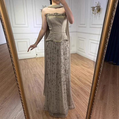 Luxury Caramel Satin Beaded Evening Dress with Corset Bodice LA72805C