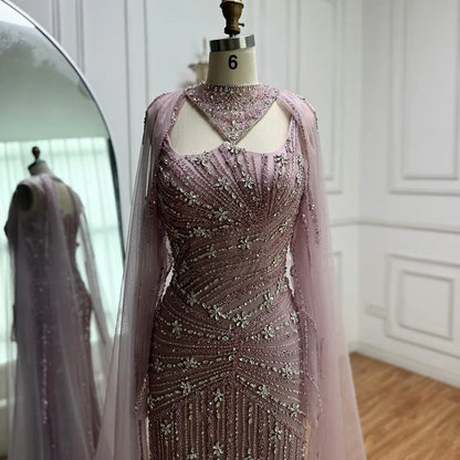 Luxury Caramel Mermaid Evening Dress with Cape Sleeves LA73052