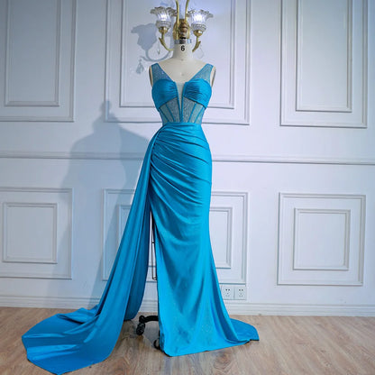 Corset Blue Prom Dress with Side Overskirt Spaghetti Straps LA73011