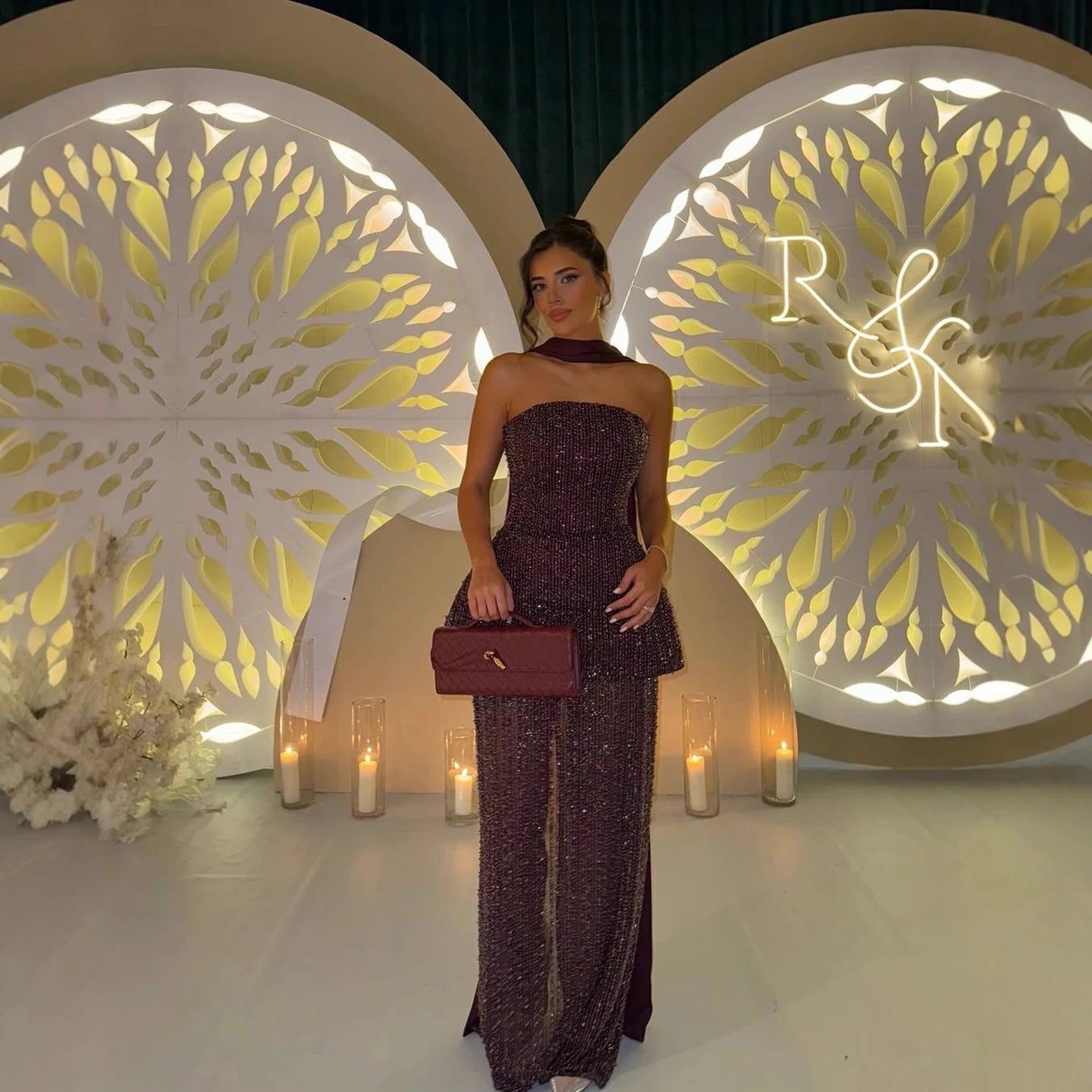 Elegant Arabic Designer Purple Two Pieces Evening Dress for Wedding Guest LA73219