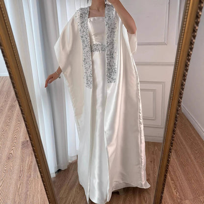 Luxury Dubai White Satin Mermaid Evening Dress with Long Cape LA72825