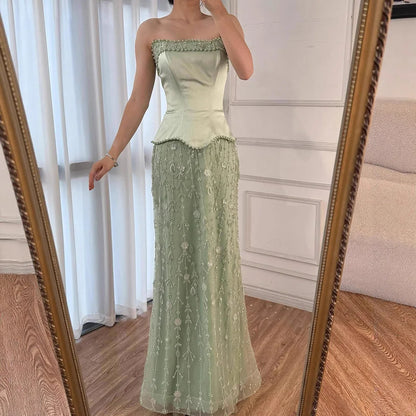 Luxury Caramel Satin Beaded Evening Dress with Corset Bodice LA72805C