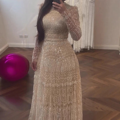 Luxury Nude A-Line Pearls Beaded Evening Dress LA73174