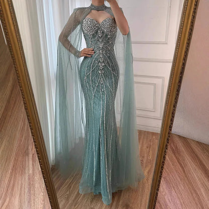 Luxury Turquoise Beaded Cape Sleeve Saudi Arabic Evening Dress LA73136A