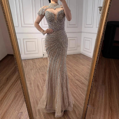 Nude Mermaid Evening Dress with Detachable Beaded High Neck LA73087
