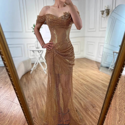 Elegant Nude Off Shoulder Beaded A-Line Evening Dress LA72807A