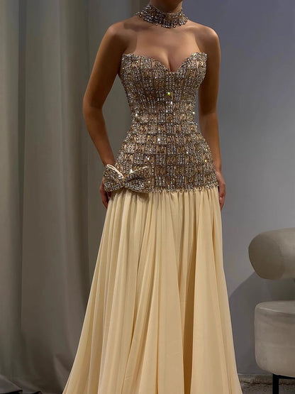 Luxury Champagne A-Line Crystal Beaded Evening Dress LA73361