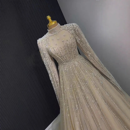 Luxury Nude Muslin Modest Beaded Evening Dress with Cape LA73271