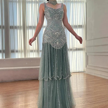 فستان سهرة فاخر مطرز بالخرز على الطراز العربي باللون الفيروزي LA73189B