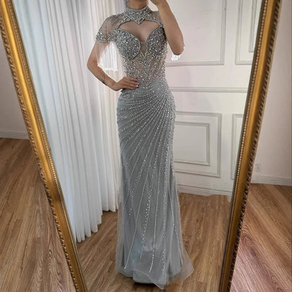 Luxury Pink Beaded Tassel Mermaid Evening Dress Long Gown LA73184