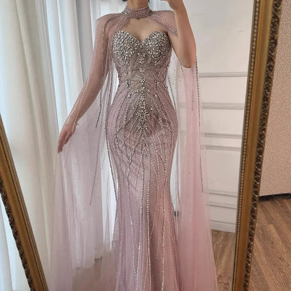 Luxury Pink Beaded Cape Sleeve Arabic Evening Dress LA73134