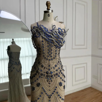 Luxury Blue Crystal Beaded Mermaid Evening Dress LA72760B