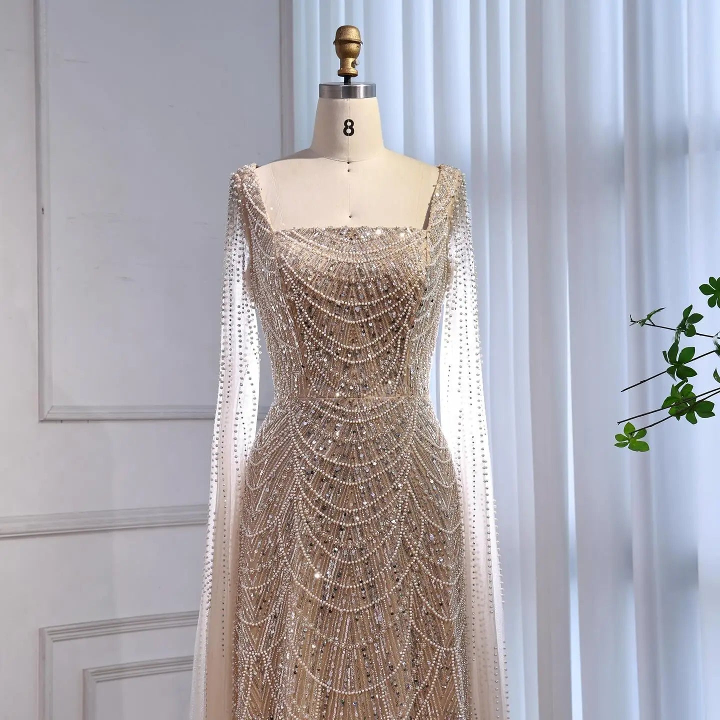 Luxury Dubai Nude Modest Muslin A-Line Evening Dress Plus Size LA72590B