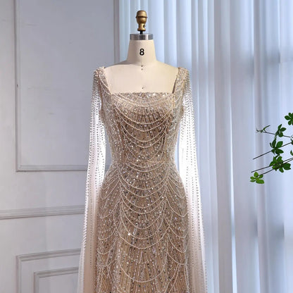 Luxury Dubai Nude Modest Muslin A-Line Evening Dress Plus Size LA72590B