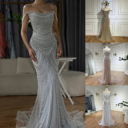 Luxury Crystal Silver Gray Pearl Beaded Evening Dress LA72253