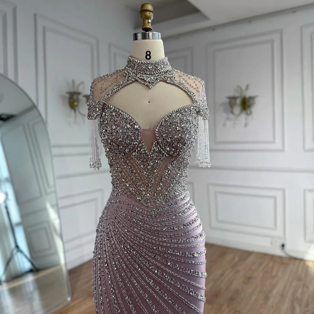 Luxury Pink Beaded Tassel Mermaid Evening Dress Long Gown LA73184