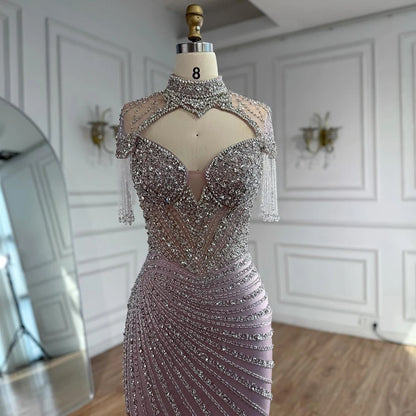Luxury Pink Beaded Tassel Mermaid Evening Dress Long Gown LA73184