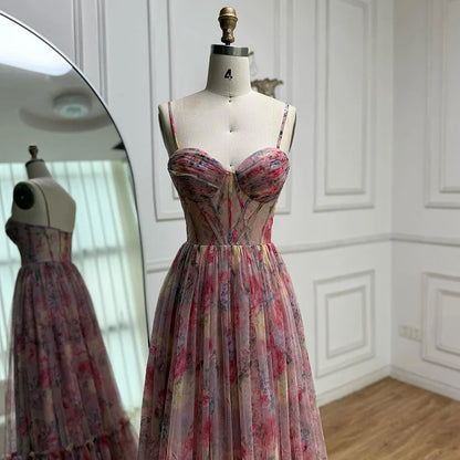 Luxury Pink A-Line Tulle Printed Ruffle Tiered Prom Dress LA73149