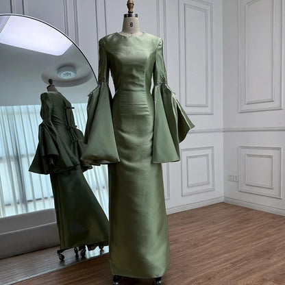 Luxury Sage Green Satin Evening Dress with Bell Sleeves 2025 LA73094