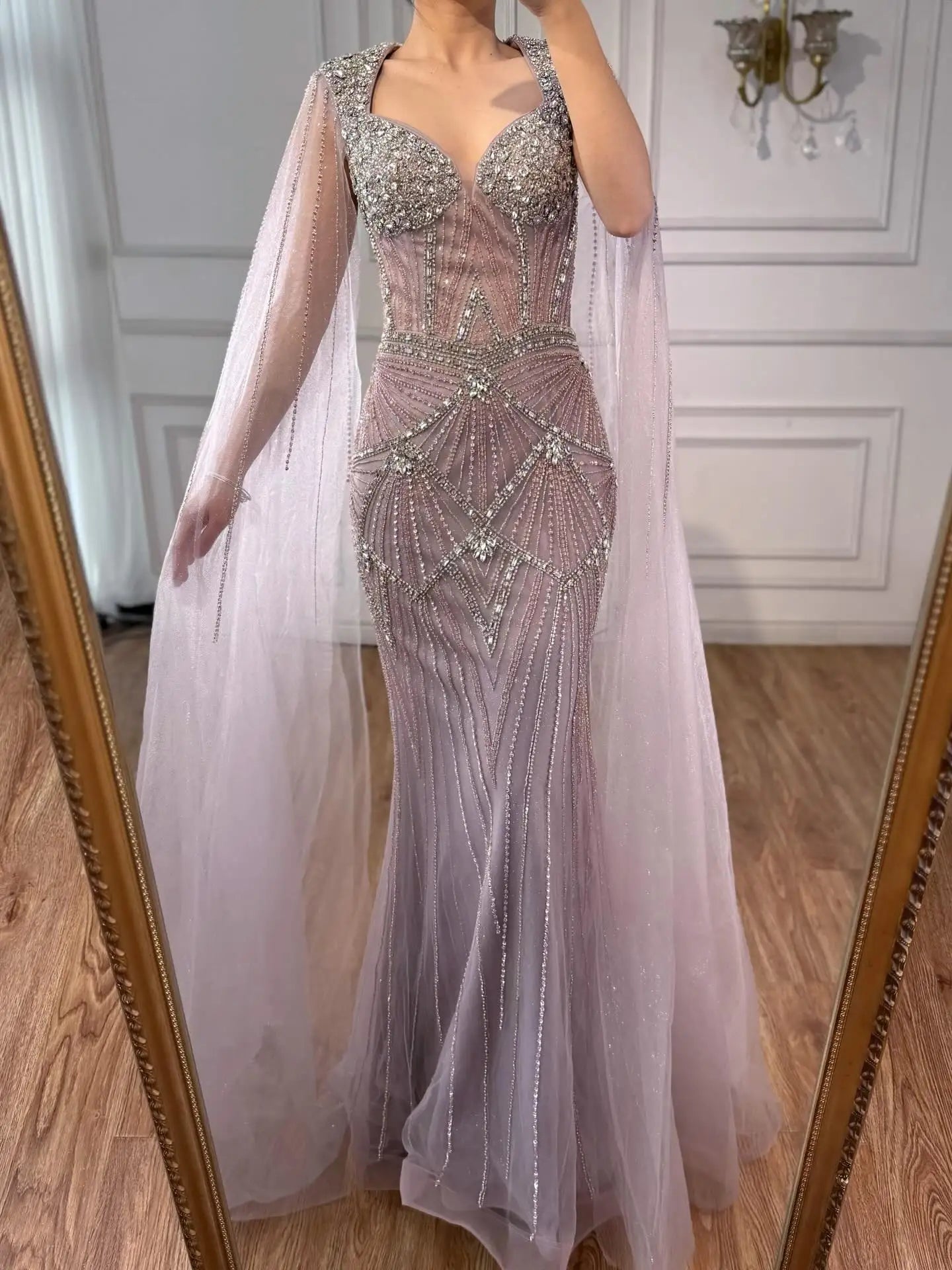 Luxury Dubai Pink Beaded Evening Dress With Cape LA73329