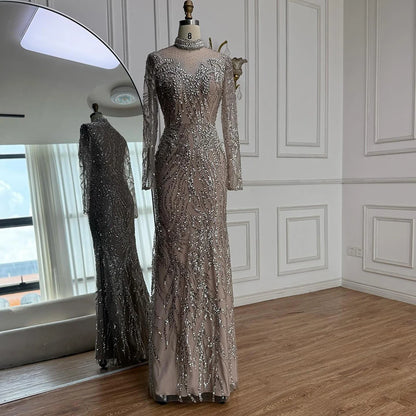 Luxury Silver Nude Beaded Mermaid Evening Dress LA73083