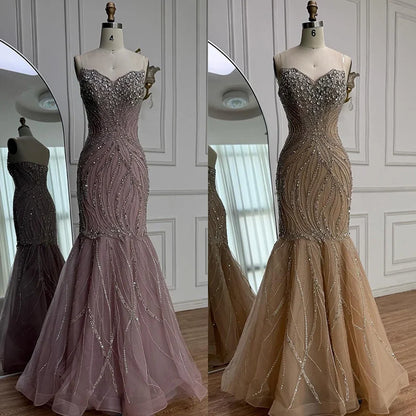 Luxury Pink Beaded Strapless Mermaid Evening Dress LA73124