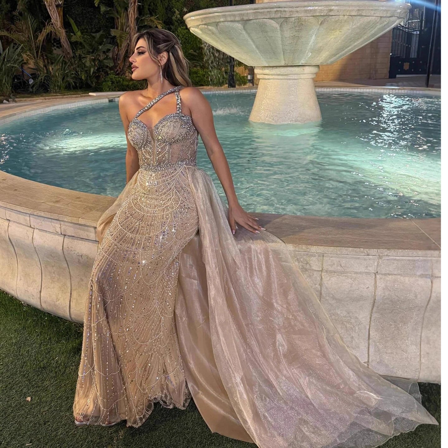 Luxury Nude One Shoulder Beaded Mermaid Evening Dress LA73358