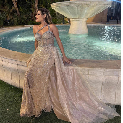 Luxury Nude One Shoulder Beaded Mermaid Evening Dress LA73358