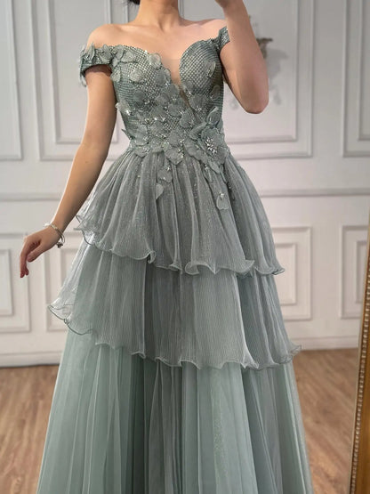 Luxury Pink Dreamy Ruffles Beaded A-Line Evening Dress LA73385