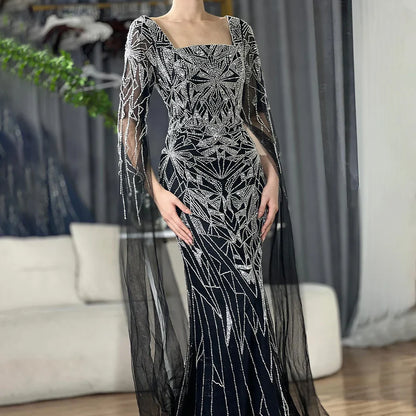 Luxury Dubai  Arabic Nued Cape Sleeves Mermaid Saudi Evening Dresses Beaded Luxury Party Gowns for Formal Occasion LA72261B
