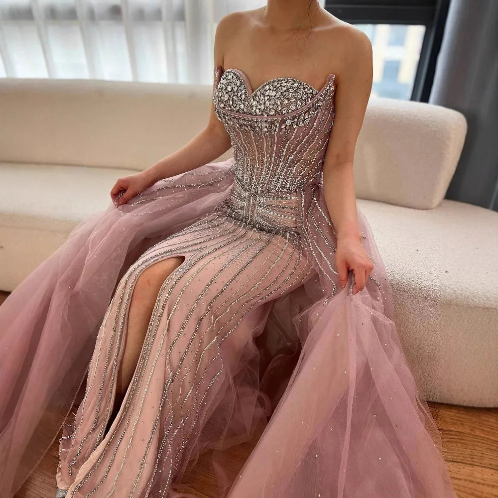 Luxury Dubai Nude Beaded Mermaid Evening Dress with Overskirt LA72811