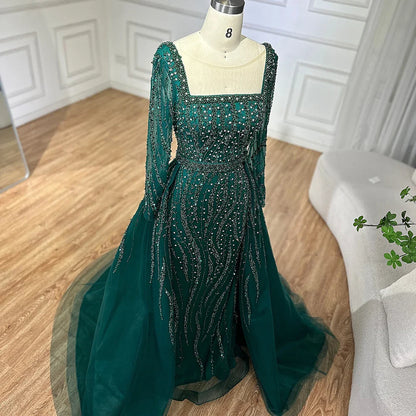Modest Green Mermaid Evening Dress with Overskirt LA72710