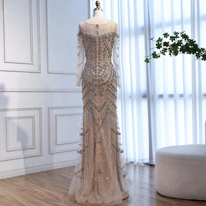 Luxury Off Shoulder Beaded Evening Dress with Long Sleeves and Train LA72930